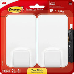 Command 15 Lb XL Heavyweight Wall Hook, Damage Free Hanging Wall Hook with Adhesive Strips, Heavy Duty Single Wall Hook for Hanging Back to School Organizers, 2 White Hooks and 8 Strips