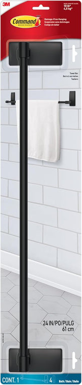 Command Bath Matte Black Towel Bar with Water Resistant Command Strips, Bathroom Organizer, 24 in Bar Length Holds up to 10 lbs