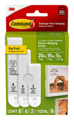 Command 20, 15, & 5 lb X-Large, Large, and Medium 16 Pairs Picture Hanging Strips (32 Strips), Damage-Free Hangers for Picture Frames, No Tools Required, Great for Home Room Wall Decor, White Adhesive