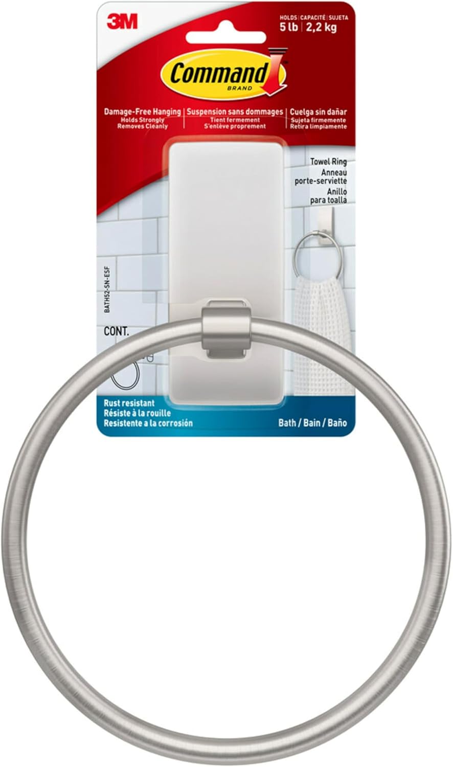 Command Hand Towel Holder Satin Nickel with Water Resistant Command Strips,Rust Resistant Bathroom Organizer,Holds up to 5 lbs,(Pack of 8)