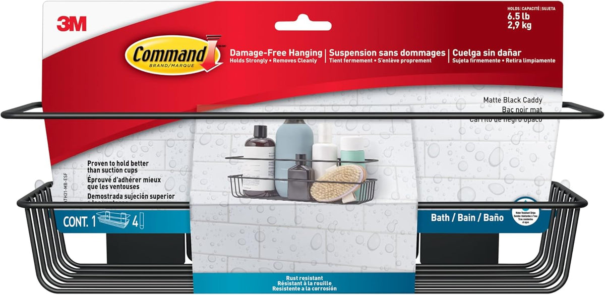 Command Shower Caddy Matte Black with Water Resistant Strips, Bathroom Organizer, Holds up to 6.5 lbs