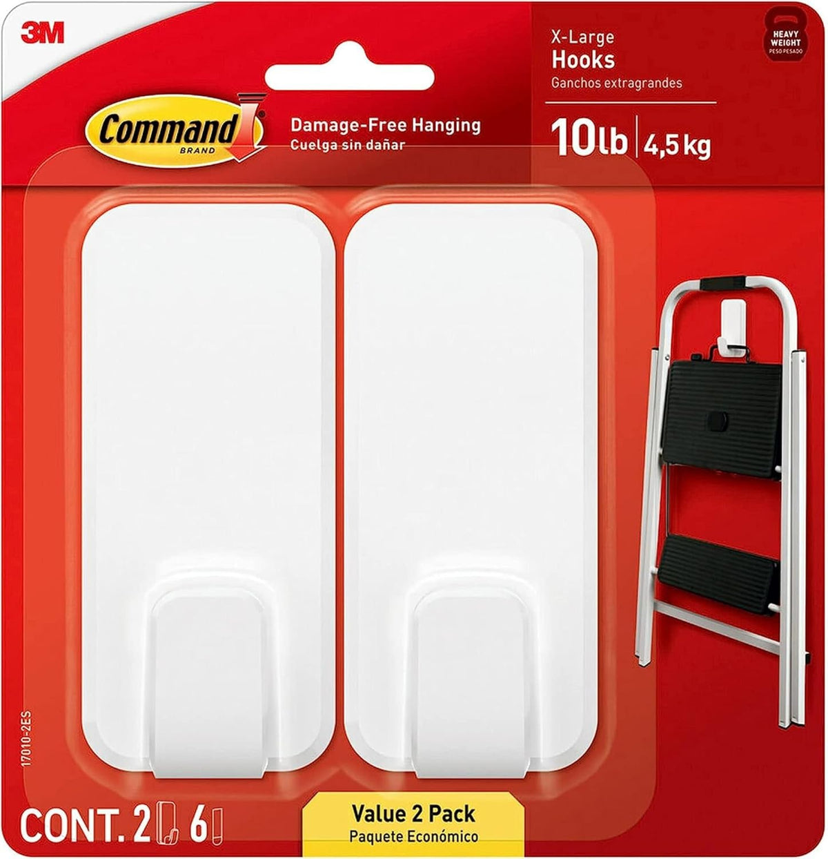 Command 10 lb XL Heavyweight Hook, 2 Wall Hooks and 6 Strips, Damage-Free Hanging with Adhesive, Heavy Duty Hanging Great for Organization and Storage