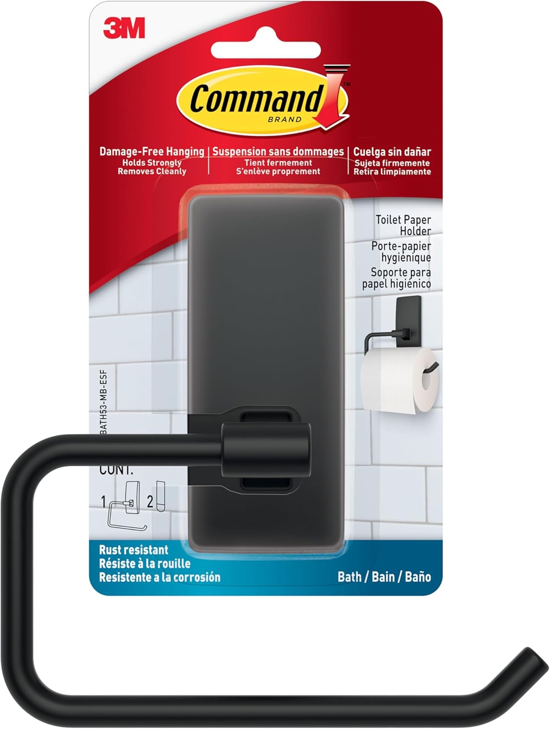 Command Toilet Paper Holder Matte Black with Water Resistant Command Strips, Rust Resistant Bathroom Organizer