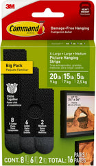 Command 20, 15, & 5 lb X-Large, Large, and Medium 16 Pairs Picture Hanging Strips (32 Strips), Damage-Free Picture Hangers, No Tools Required, Great for Home Room Wall Decor, Black Adhesive
