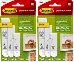 Command Picture Hanging Strips Variety Pack, Damage-Free Picture Hangers, No Tools Wall Hanging Strips White, 2 Medium, 6 Large and 8 X-Large Pairs, (Pack of 2)